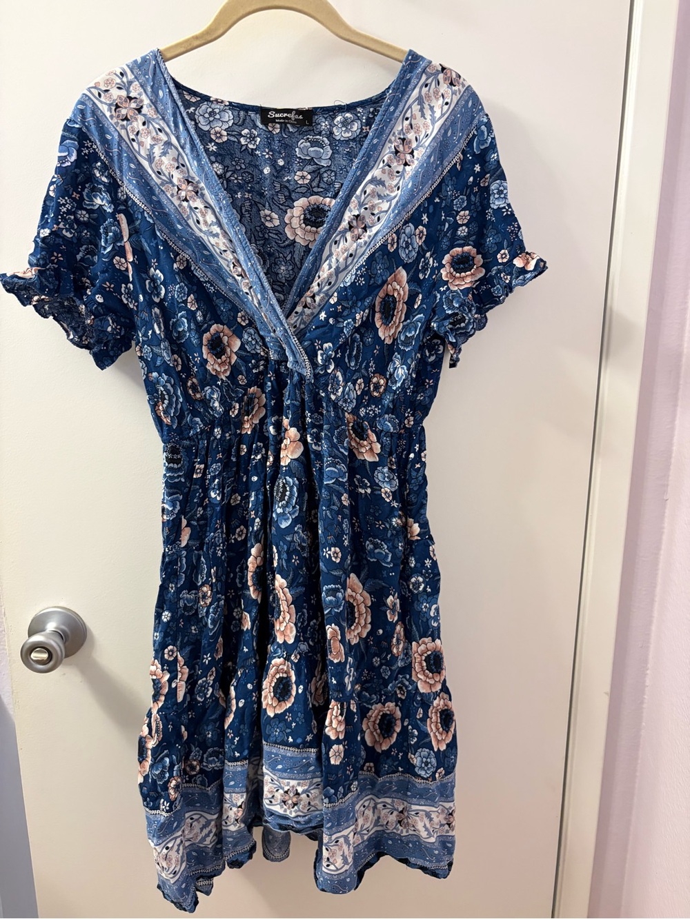 Sucrefas Large Blue Floral V-Neck Boho Dress Like New PTP 20-21/L 35